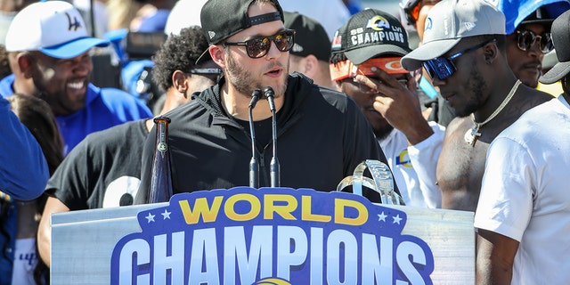 Los Angeles Rams quarterback Matthew Stafford during the Los Angeles Rams Super Bowl LVI Championship display on February 16, 2022, at the Los Angeles Memorial Coliseum in Los Angeles, California. 