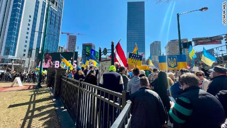 Protesters gather in support of Ukraine in Atlanta on Saturday, February 26, 2022.