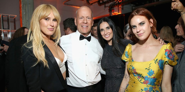 (LR) Rumer Willis, Bruce Willis, Demi Moore and Tallulah Bill Willis attend Bruce Willis's Comedy Center after party in 2018 in Los Angeles, California.  