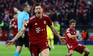Bayern Munich top scorer Robert Lewandowski celebrated as well as Thomas Muller in the background.