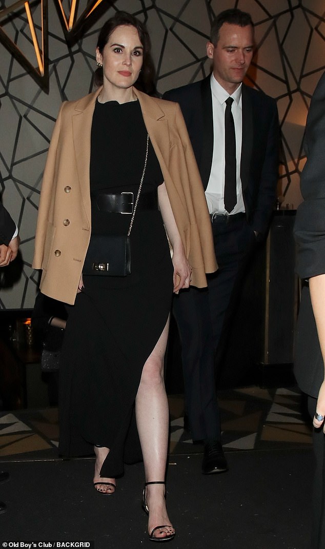 Date in the evening!  On Monday, Michelle Dockery, 40, made a very rare appearance with her fiancé Jasper Waller-Bridge, 34, as they attended Mayfair's Quaglino's nightclub.