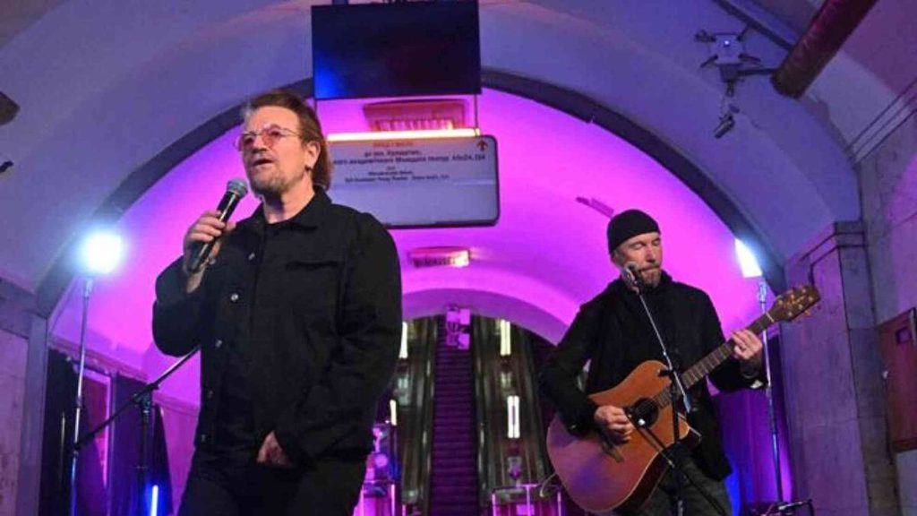 Bono presents a "peace party" at Kyiv metro station and visits bombed cities