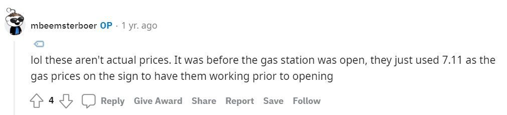 A Reddit post about gas prices at 7-Eleven. 