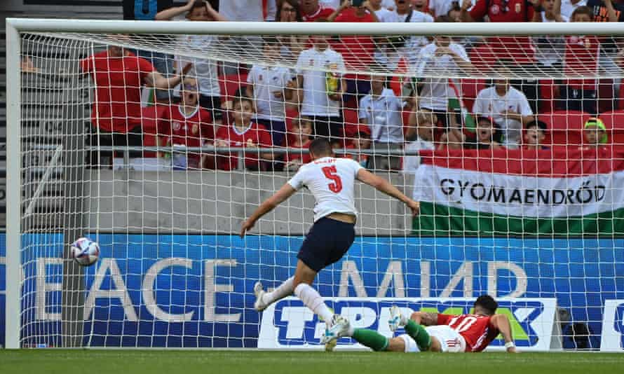 Hungarian midfielder Dominic Zuboszlai hit the ball while his shot was netted by England defender Conor Coady.