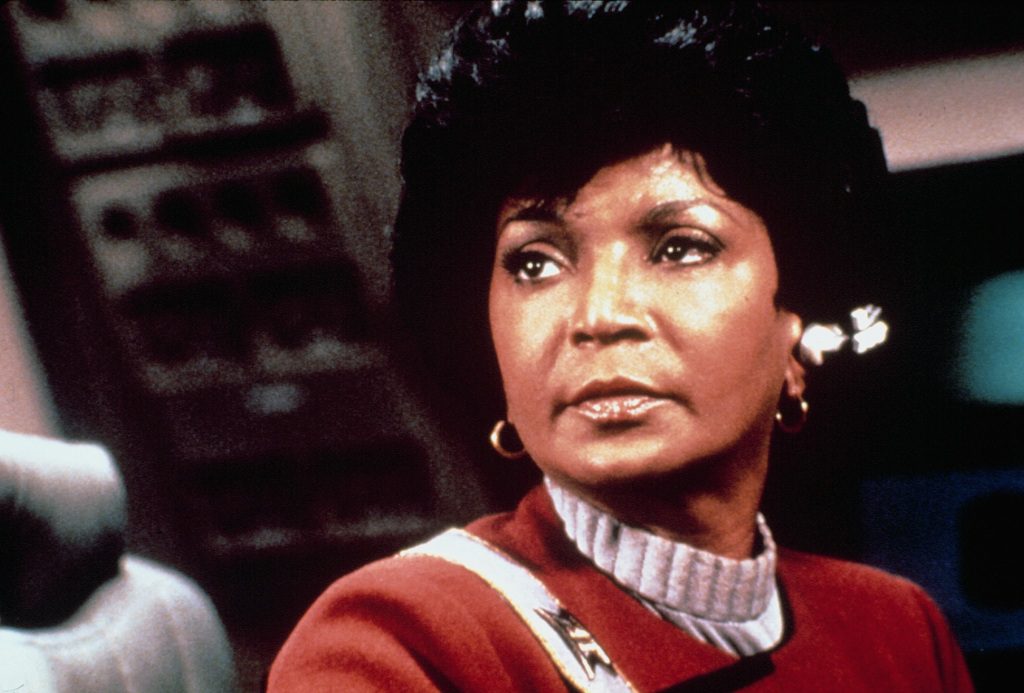 STAR TREK II: THE WRATH OF KHAN, Nichelle Nichols, wearing her communications ear piece, 1982. (c) Paramount.  Courtesy: The Everett Group.