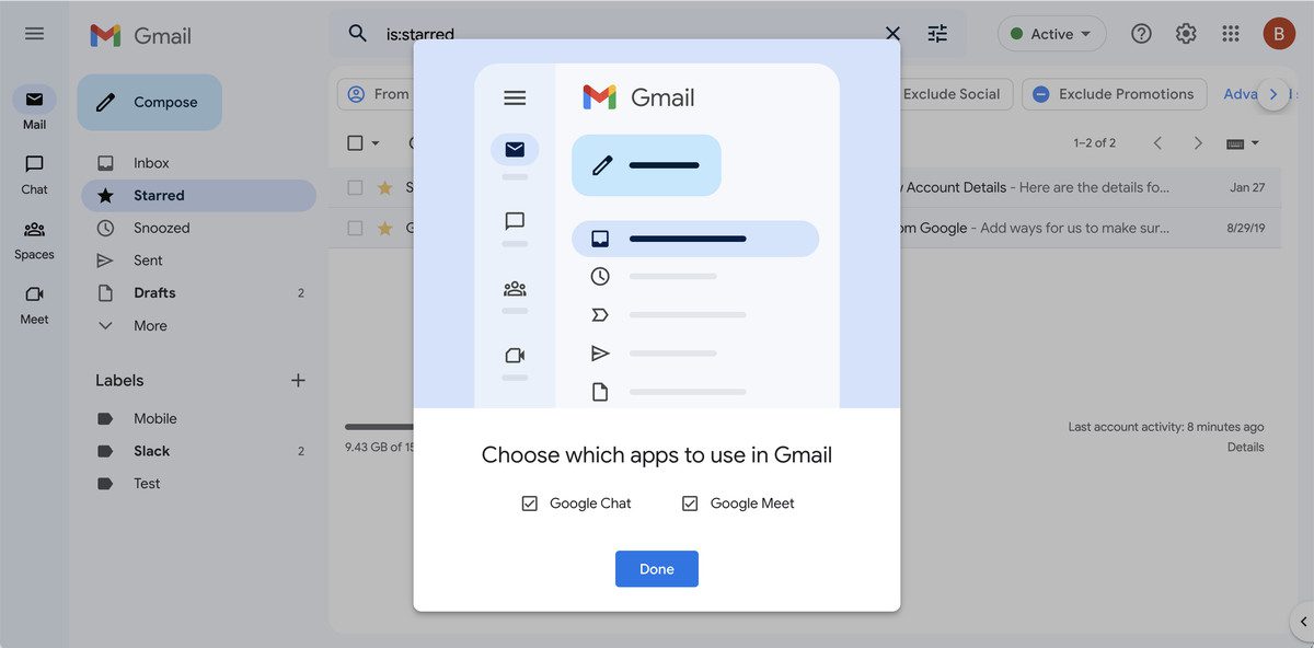 Popup window to choose which apps to use in Gmail