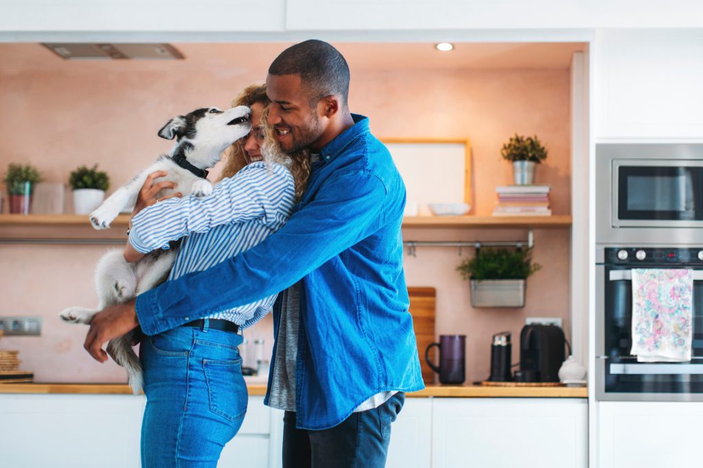 A couple playing with their Siberian husky in their home.