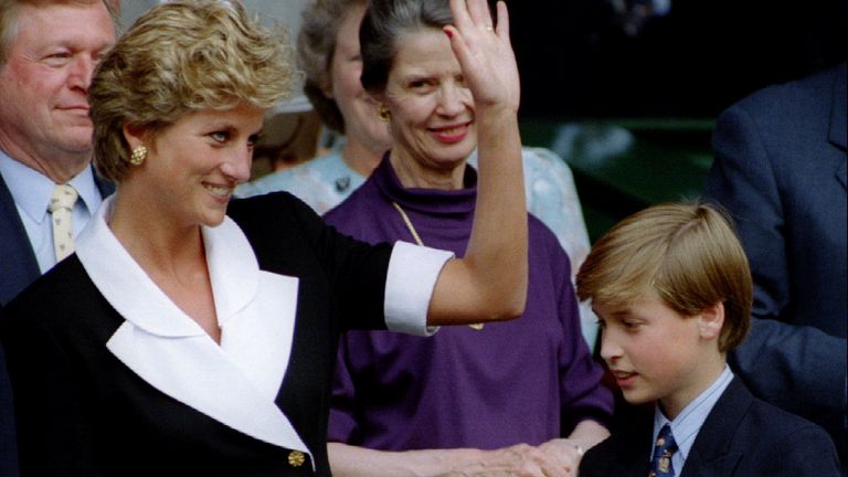 The Princess of Wales, accompanied by her son Prince William, arrives at Wimbledon Central Court ahead of the start of the women's singles final on July 2.