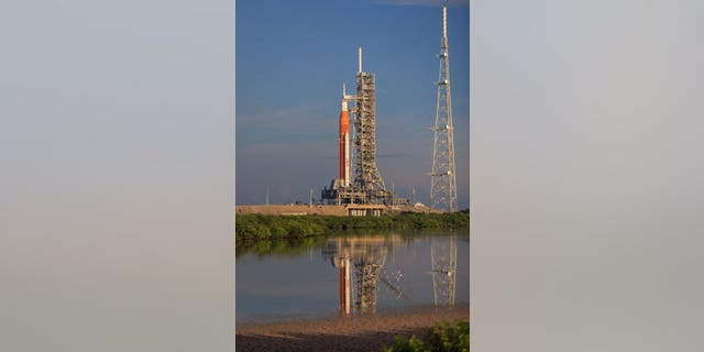 NASA's Space Launch System (SLS) rocket is on the launch pad. 