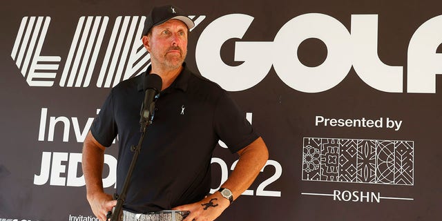 Team captain Phil Mickelson of Hy Flyers GC speaks to the media during a post-pro press conference ahead of LIV Golf Invitational - Jeddah at Royal Greens Golf &  amp;  amp;  amp;  amp;  amp;  The Country Club on October 13, 2022 in King Abdullah Economic City, Kingdom of Saudi Arabia. 