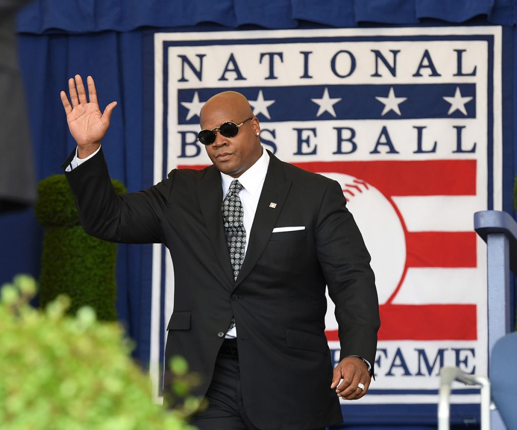 Hall of Famer Frank Thomas is presented during the Baseball Hall of Fame induction ceremony at Clark Sports Center on July 29, 2018 in Cooperstown, New York.
