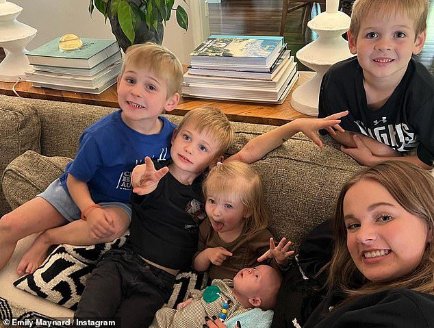 Family matters: Tyler and Emily have five children — Jennings, seven, Gibson, six, Gaitlin, four, Nola, two, and Jones, two months — and Emily also has a daughter, Ricky, 17.