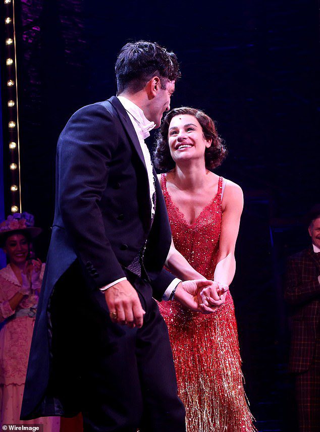 On stage: Ramin Karimloo as Nikki Arnstein and Michelle as Fanny Brice during Michelle's first curtain call in Funny Girl on Broadway at the August Wilson Theater on Sept. 6