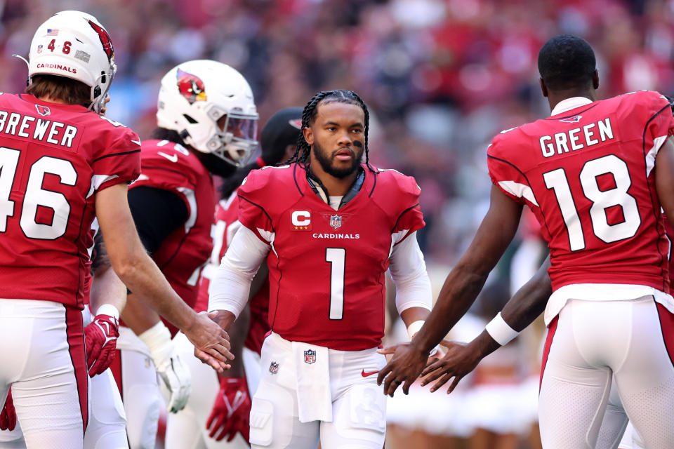 Glendale, AZ - NOVEMBER 27: Kyler Murray #1 of the Arizona Cardinals is presented before a game against the Los Angeles Chargers at State Farm Stadium on November 27, 2022 in Glendale, AZ.  (Photo by Christian Petersen/Getty Images)